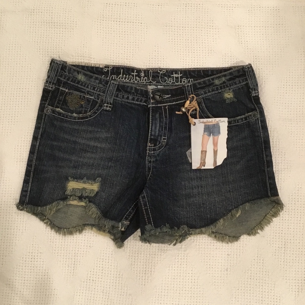 Dark Blue Jean Shorts with Distressed Hem